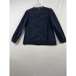 J.Crew Eyelet Lace Button Front Top Womens 6 Navy Blue Cottage Cotton Blouse
